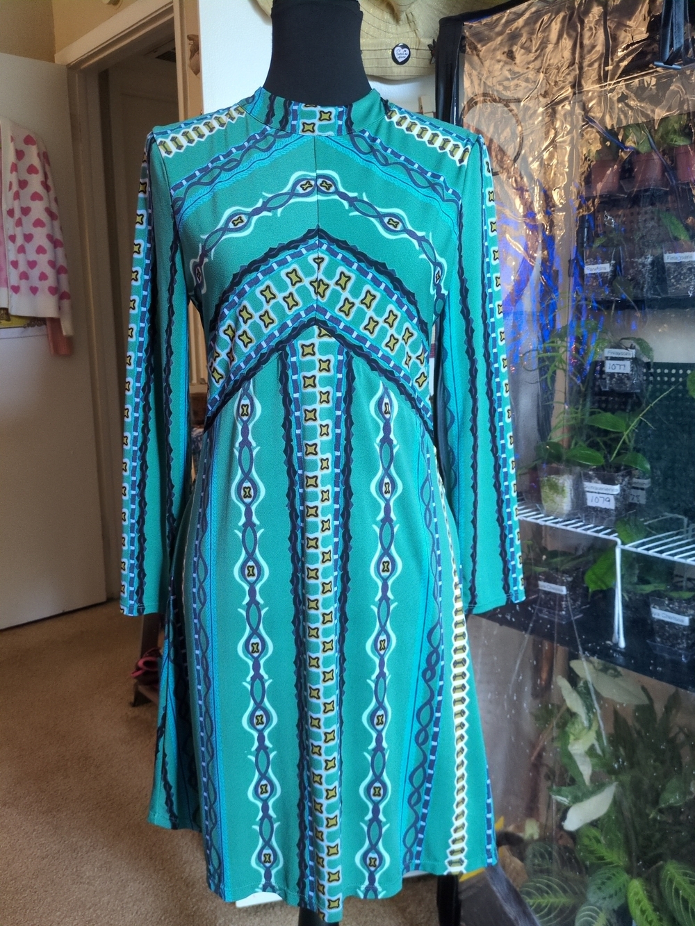 Free People Teal Geometric-Print Long-Sleeve A-Line Dress